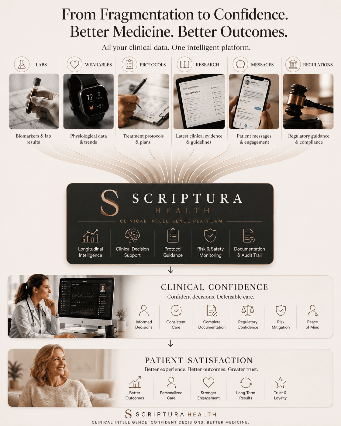 From Fragmentation to Confidence. Better Medicine. Better Outcomes. Six inputs, labs, wearables, protocols, research, messages, and regulations, converge into the Scriptura Health clinical intelligence platform with five pillars, then into clinical confidence and patient satisfaction.