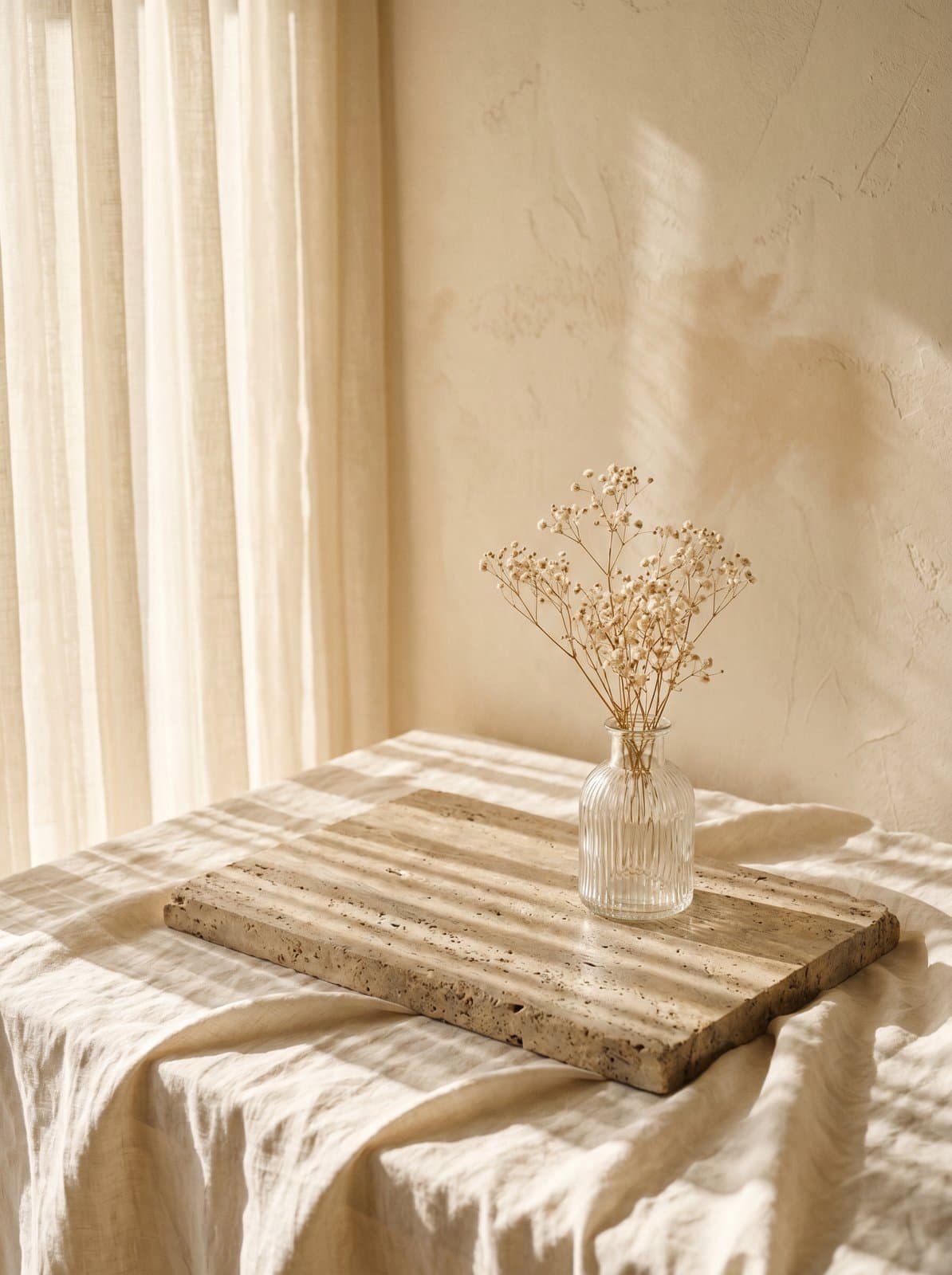Still life on stone with dried flowers, warm editorial hero image