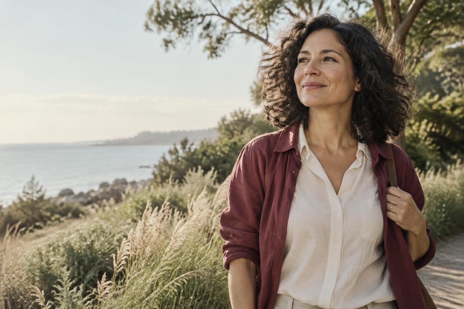 A woman enjoying a quiet walk beside the coast in natural daylight