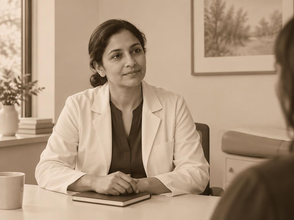 Illustrative physician listening thoughtfully during a colleague conversation
