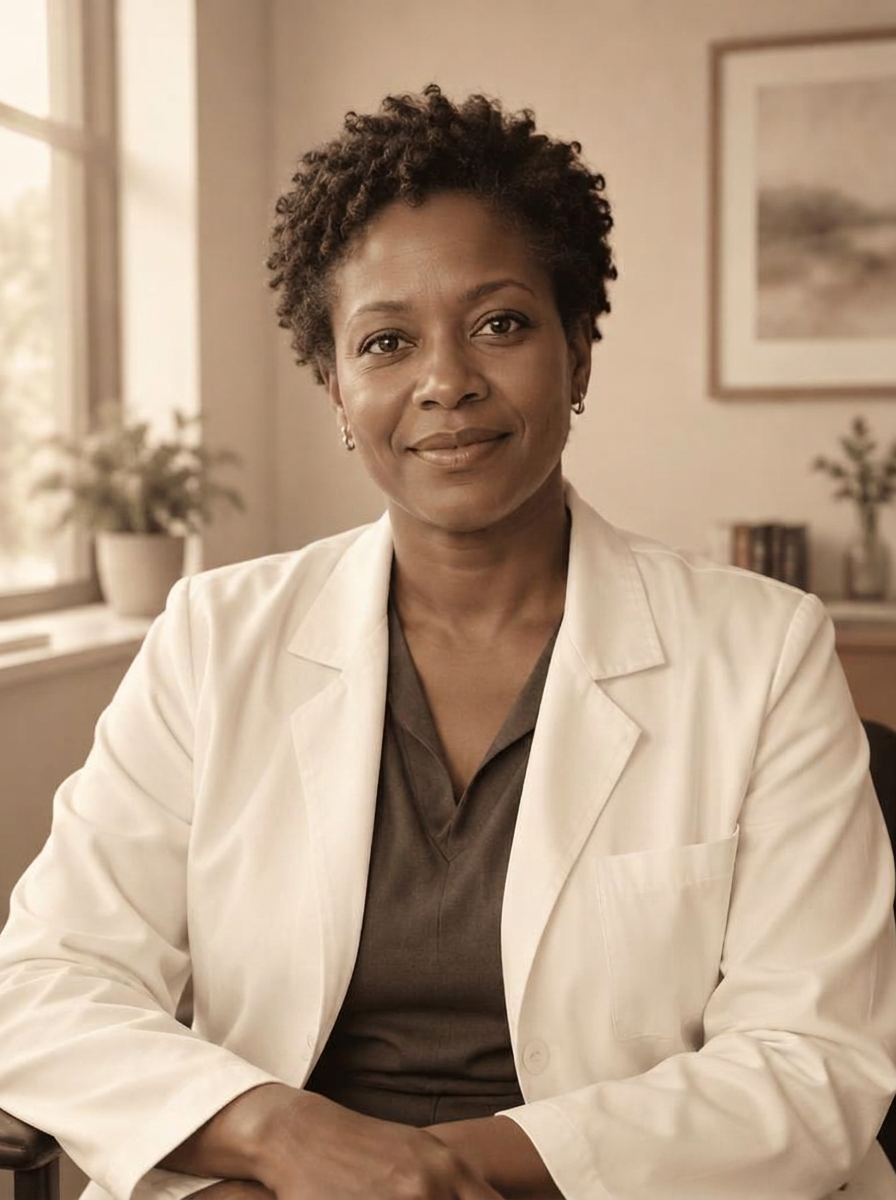 Illustrative portrait of a woman physician with short natural curls in a consulting room