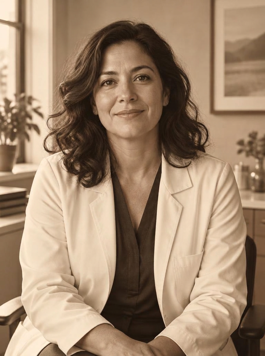 Illustrative portrait of a woman physician with wavy hair in a sunlit consulting room