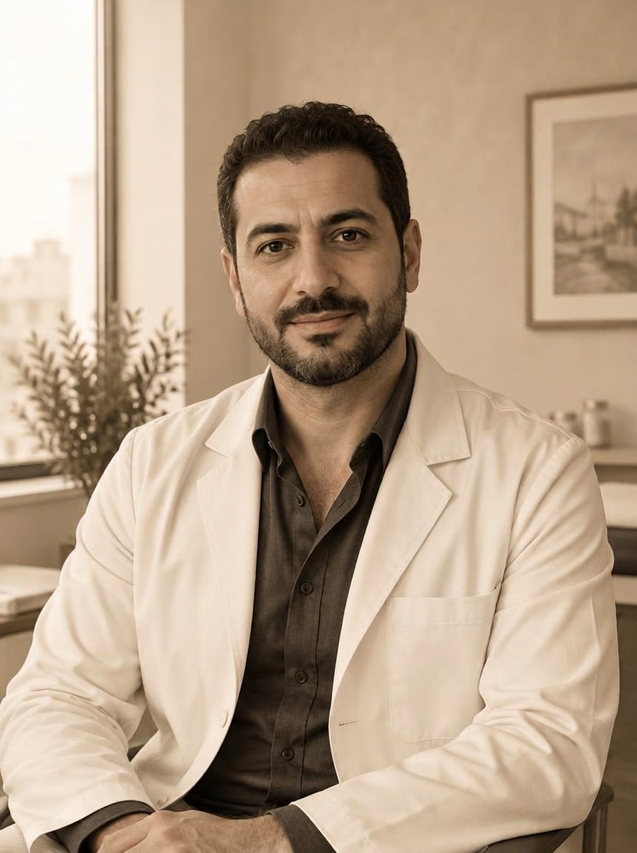 Illustrative portrait of a bearded man physician in a warm-toned clinical setting