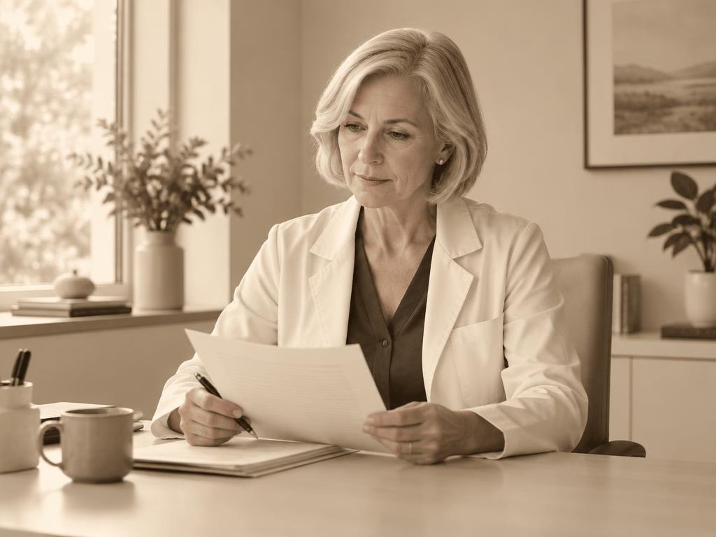 Illustrative physician with silver-blonde hair reviewing a document at her desk