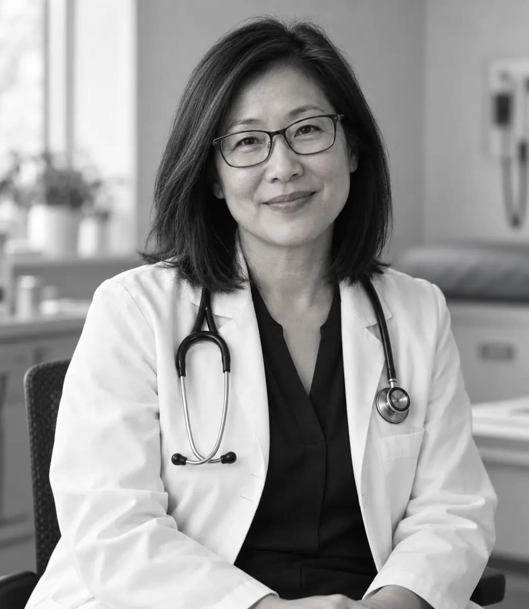 Smiling clinician in a white coat with a stethoscope in an exam room