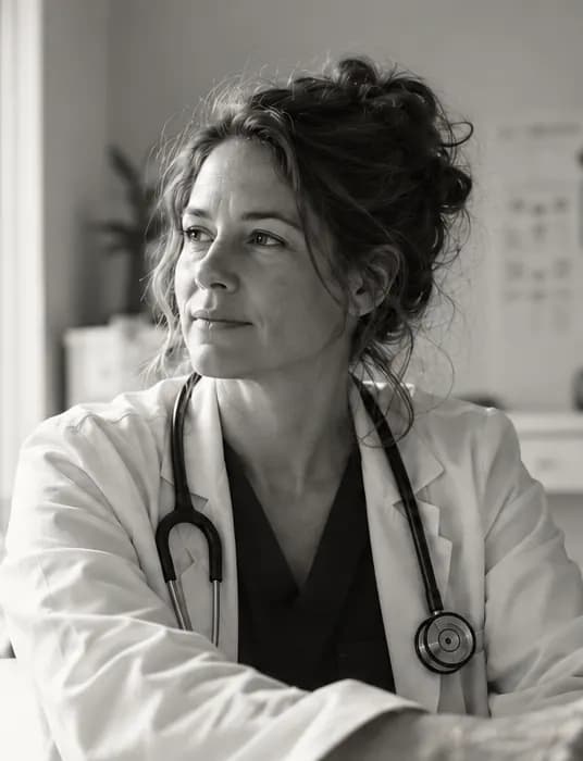 Clinician in a white coat with a stethoscope, seated by a window in a clinic office