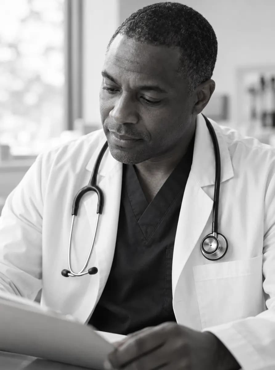 Clinician in a white coat and scrubs reading a patient file