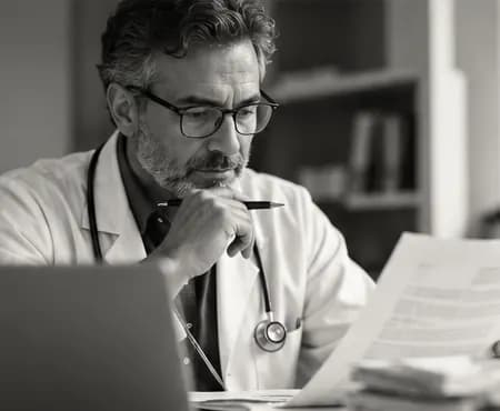 Clinician in glasses reviewing printed results beside a laptop