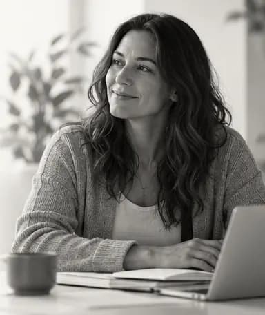 A woman at a laptop beside a window, looking thoughtful