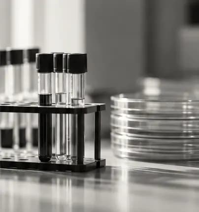 Blood sample tubes in a rack beside stacked petri dishes
