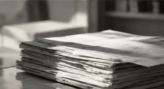 A stack of paper medical records on a desk