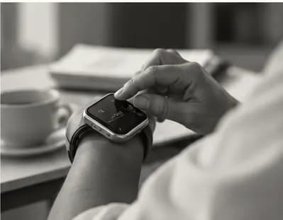 A person checking a smartwatch beside a cup of tea
