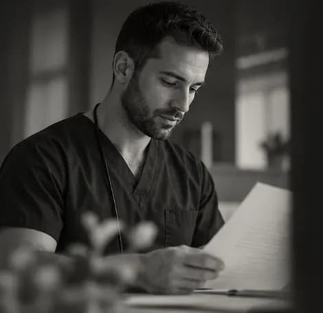Clinical staff member in scrubs reading paperwork at a desk
