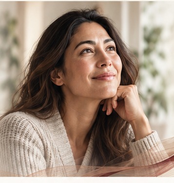 Illustrative image of a woman looking ahead thoughtfully