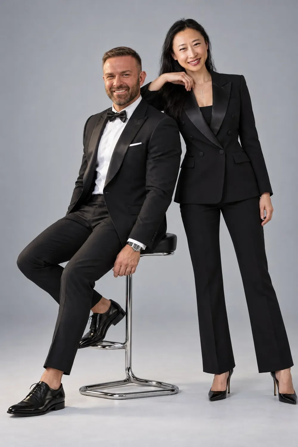 John Murray and Sabrina Runbeck, co-founders of Scriptura Health, standing together in formal black suits