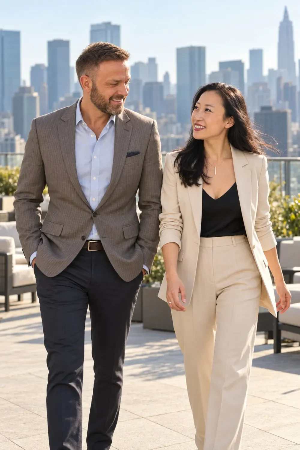 John Murray and Sabrina Runbeck walking side by side across a city rooftop