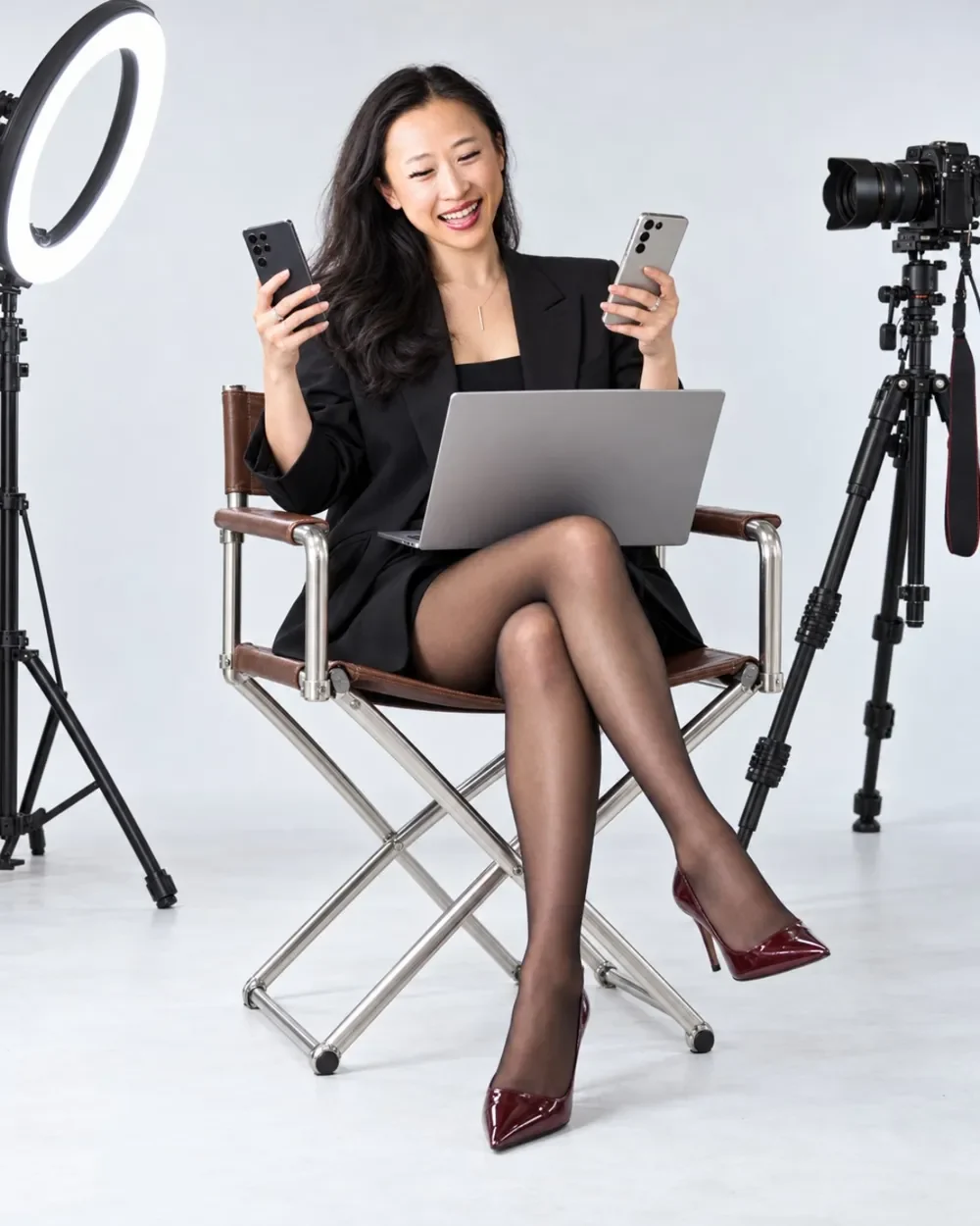 Sabrina Runbeck seated with a laptop beside podcast microphone and media equipment